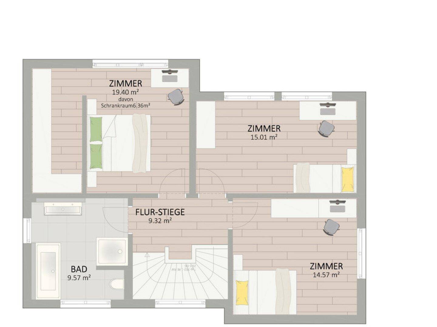 Grundriss des Obergeschosses mit drei Zimmern und einem Badezimmer.