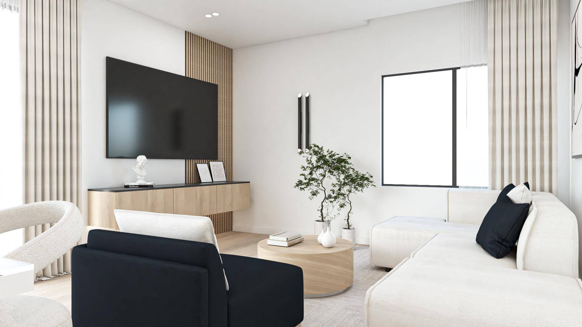 Helles Wohnzimmer mit großem Fernseher, modernem Sideboard und bequemer Sitzecke.