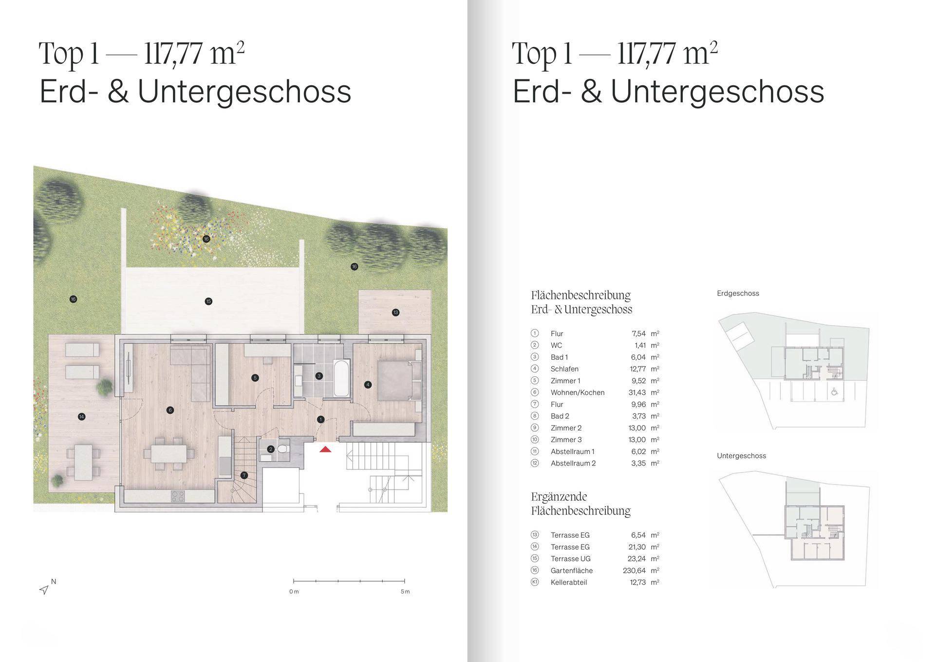 Grundriss des Erd- und Untergeschosses mit Garten, Terrasse und offenem Wohnbereich.