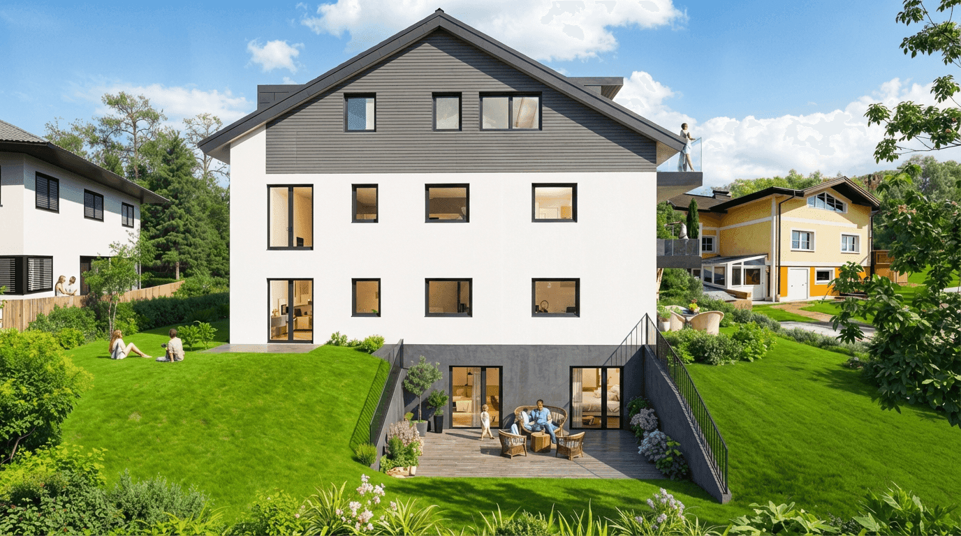 Modernes Wohngebäude mit weißer Fassade, großer Terrasse und weitläufigem Gartenbereich, ideal zum Entspannen.