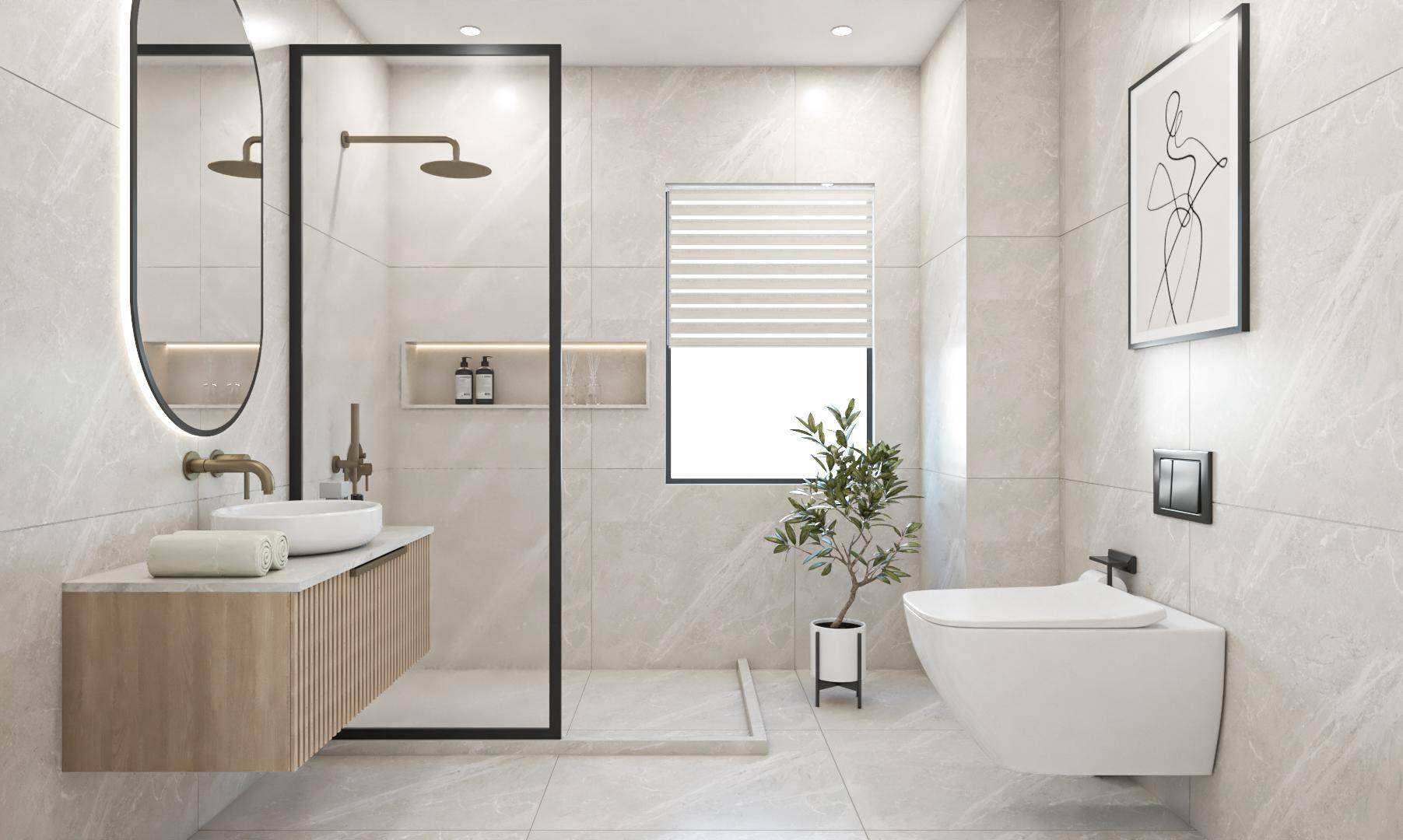 Modernes Badezimmer mit begehbarer Dusche, schwebendem Waschtisch und hellen Fliesen.
