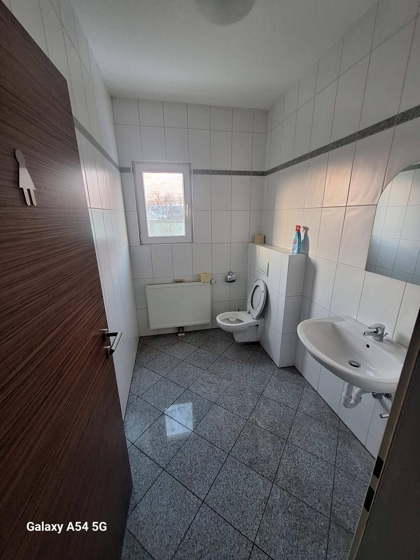 Helles Badezimmer mit WC, Waschbecken, Fenster und weißen Fliesen an Wänden und Boden.