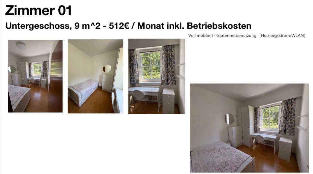 Helles Schlafzimmer im Untergeschoss mit Bett, Schreibtisch und Fenster.
