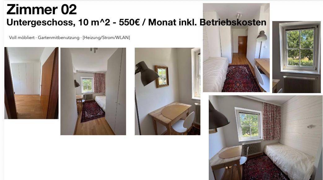 Schlafzimmer im Untergeschoss mit Holzboden, Bett und kleinem Esstisch.