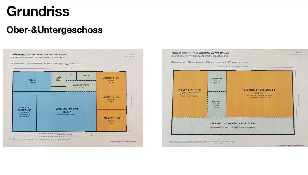 Grundrisse des Ober- und Untergeschosses mit Raumaufteilung und Flächenangaben.