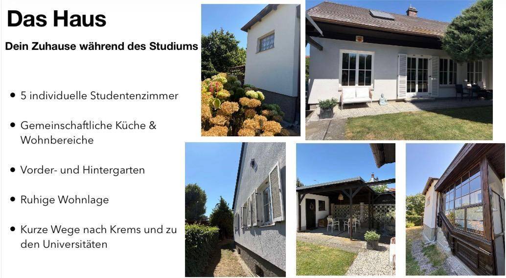 Verschiedene Ansichten des Hauses mit Gartenbereichen und Fenstern.
