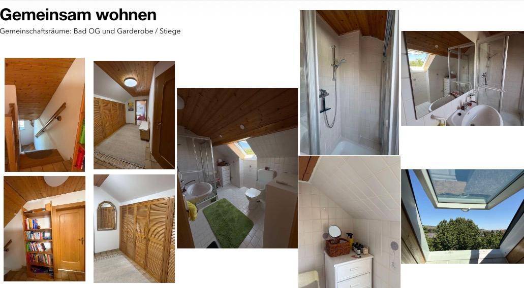 Treppenhaus, Flur und Badezimmer im Obergeschoss mit Dachschrägen und Dachfenstern.