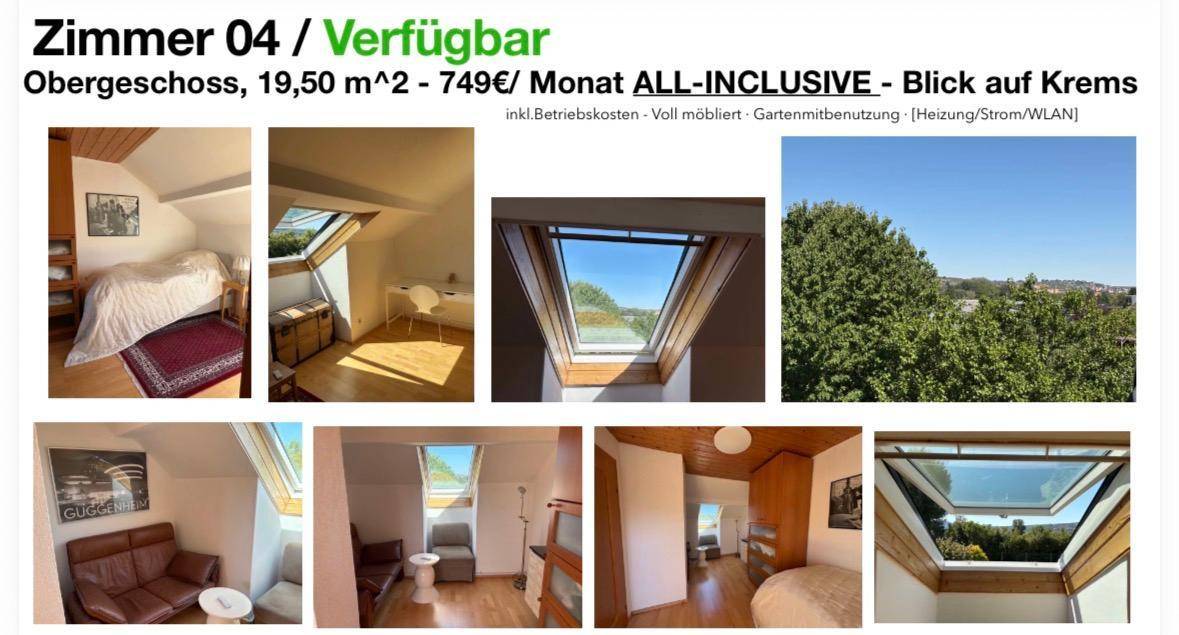 Helles Schlafzimmer im Obergeschoss mit Dachschräge, Einzelbett und großem Dachfenster.