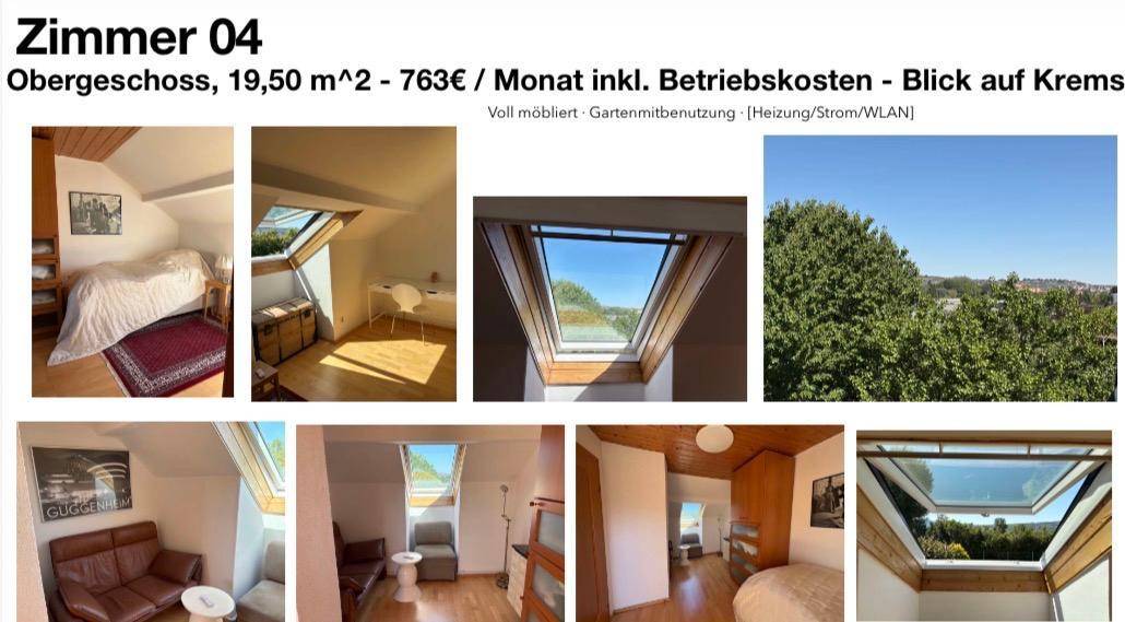 Schlafzimmer im Obergeschoss mit Dachschräge, Dachfenster und Blick auf die Umgebung.