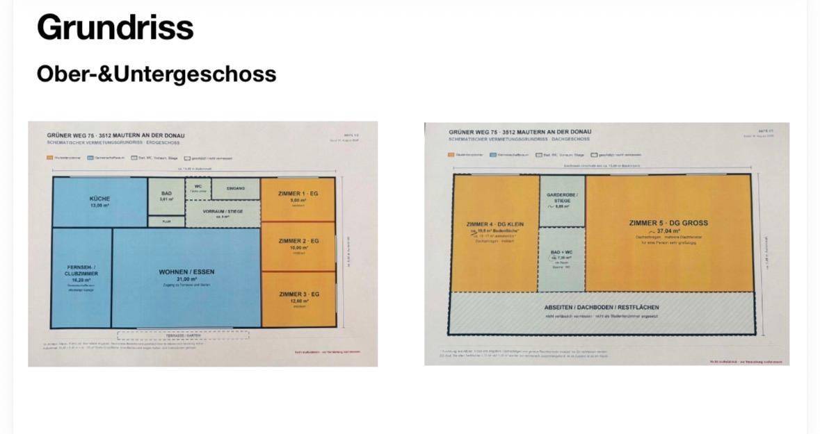Grundrisse des Ober- und Untergeschosses mit Raumaufteilung und Flächenangaben.