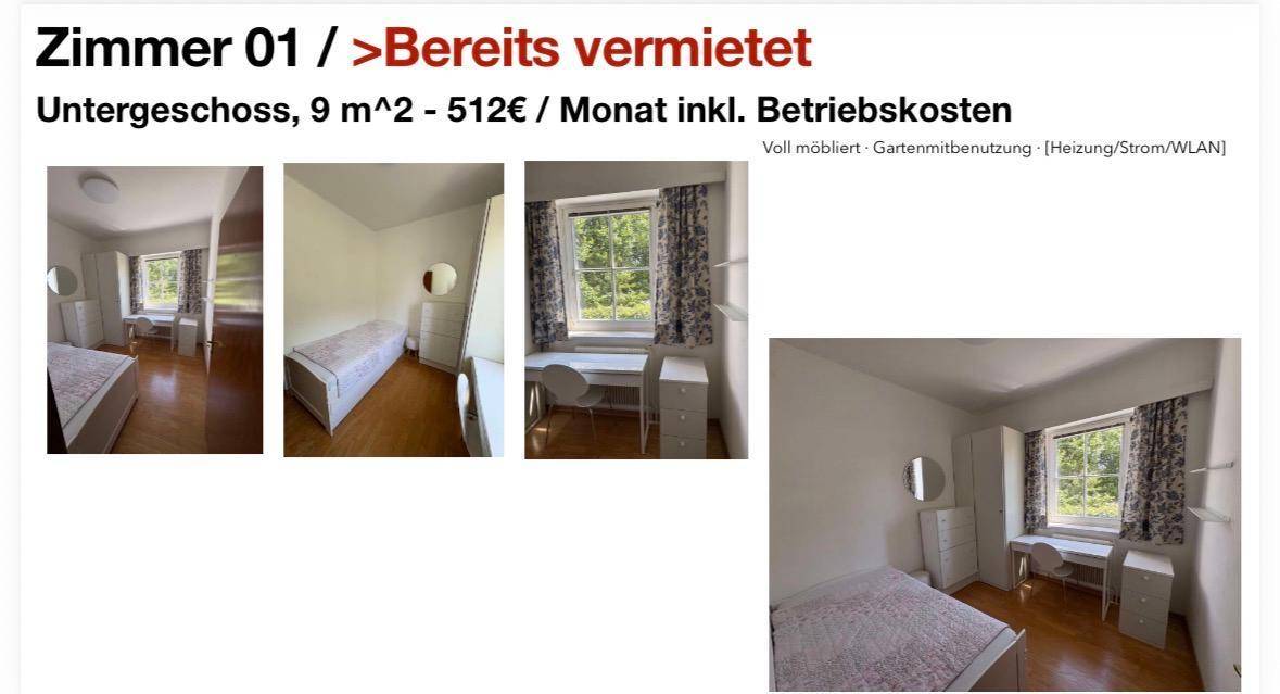 Helles Schlafzimmer im Untergeschoss mit Einzelbett, Schreibtisch und Fensterblick ins Grüne.