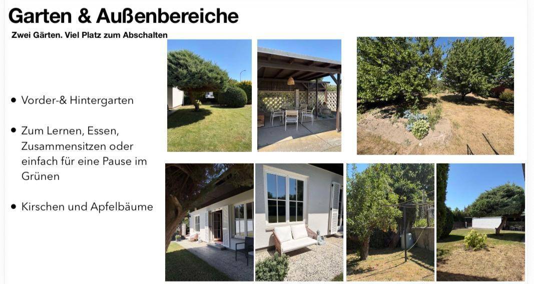 Großer Gartenbereich mit Bäumen, Rasenflächen und überdachtem Sitzbereich.