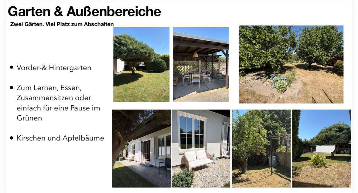 Verschiedene Ansichten des Gartens mit Rasenflächen, Bäumen und einem überdachten Sitzbereich.