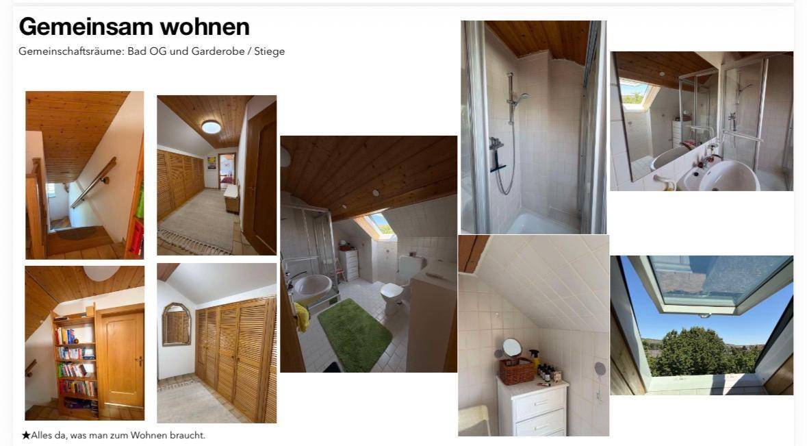 Badezimmer im Obergeschoss mit Dachschräge, Holzdecken und Treppenbereich.