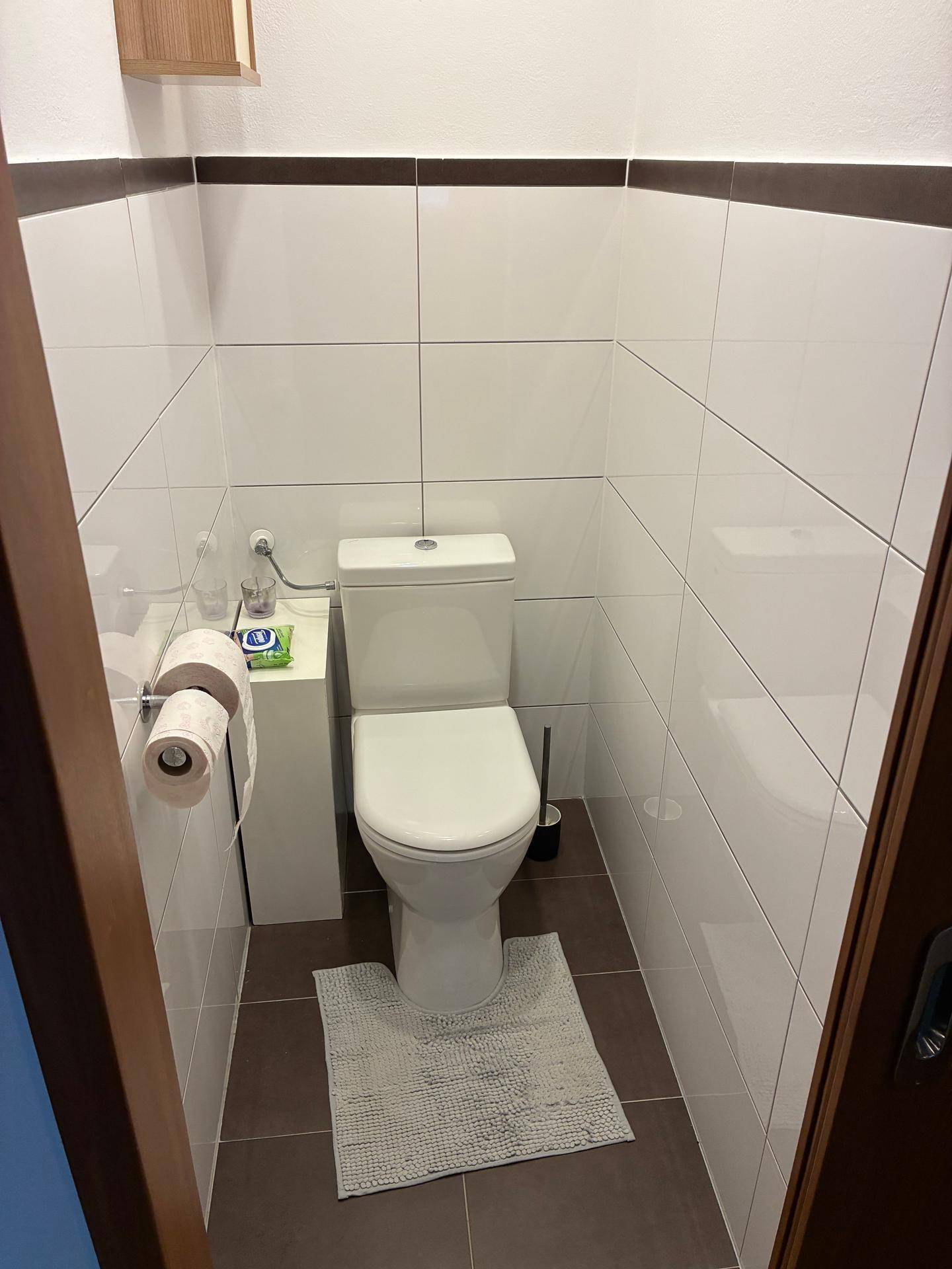 Separates WC mit weißen Fliesen und einem modernen Stand-WC, ideal für Gäste.