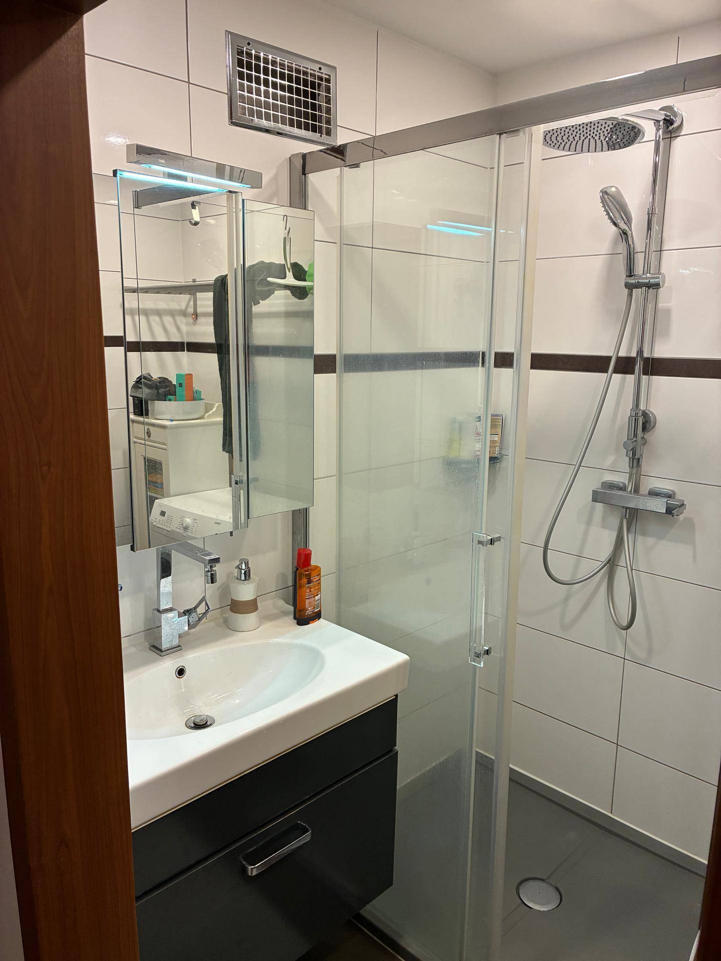 Modernes Badezimmer mit Duschkabine, Waschbecken und Spiegelschrank, ausgestattet mit einer Regendusche.