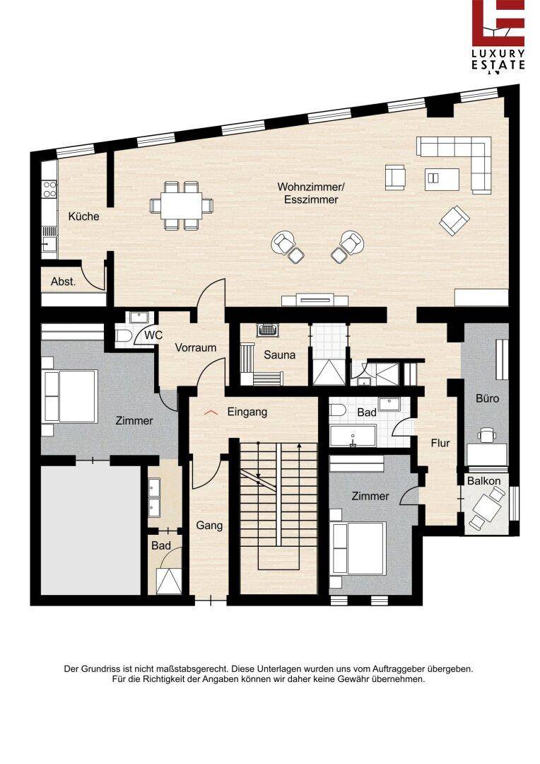Detaillierter Grundriss mit Wohnzimmer, Küche, Schlafzimmern und Sauna.