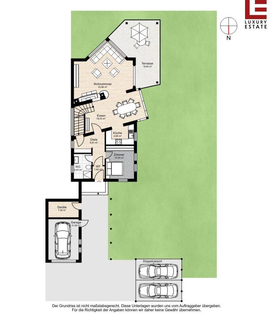 Grundriss des Erdgeschosses mit Wohnzimmer, Essbereich, Küche, Garage und Terrasse.