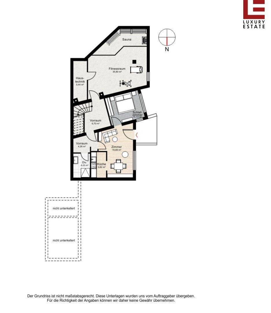 Grundriss des Untergeschosses mit Sauna, Fitnessraum, Schlafzimmer und Haustechnik.