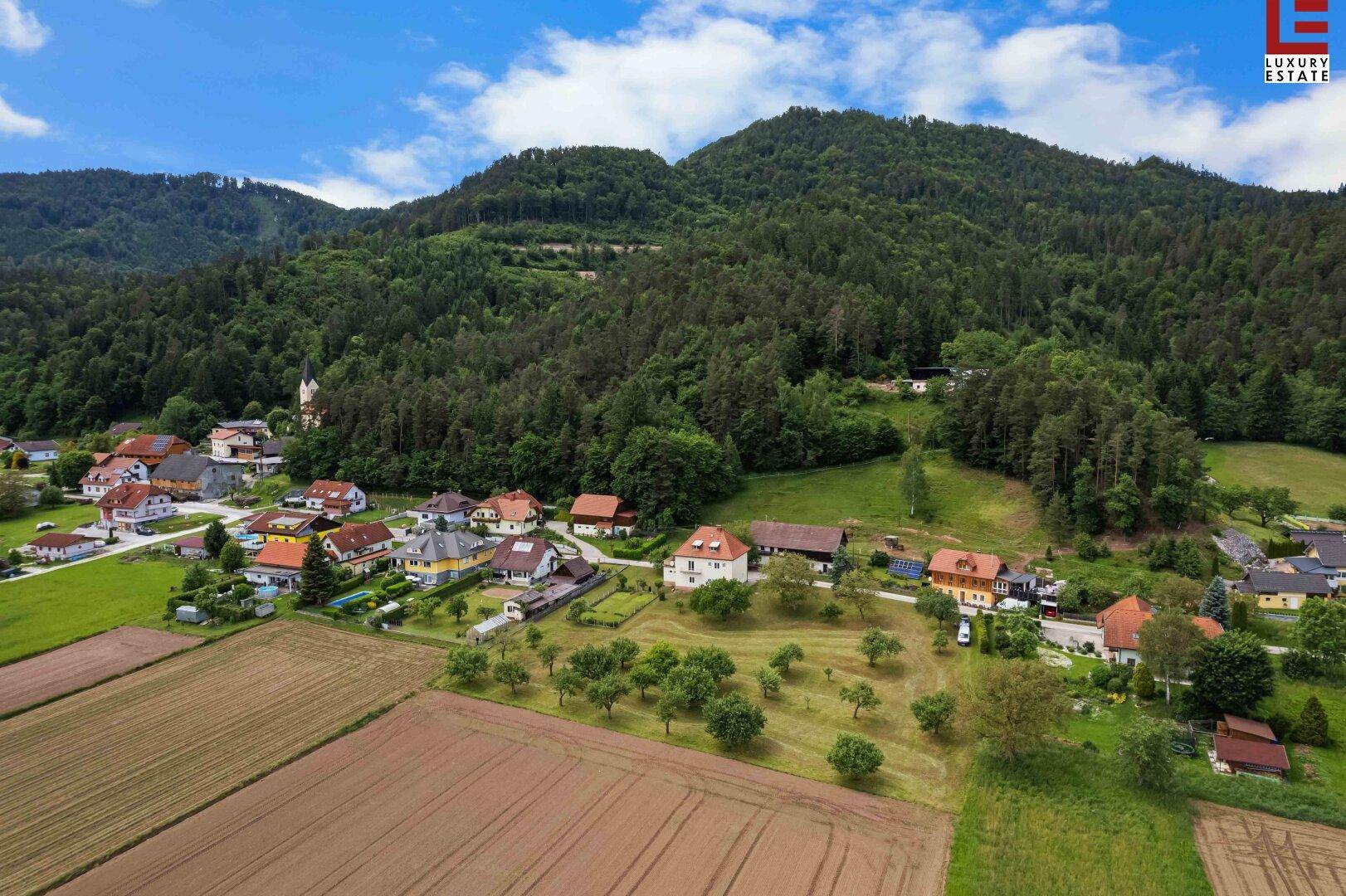 Weitläufige Luftaufnahme einer ländlichen Siedlung mit Feldern, Wäldern und Bergen im Hintergrund.