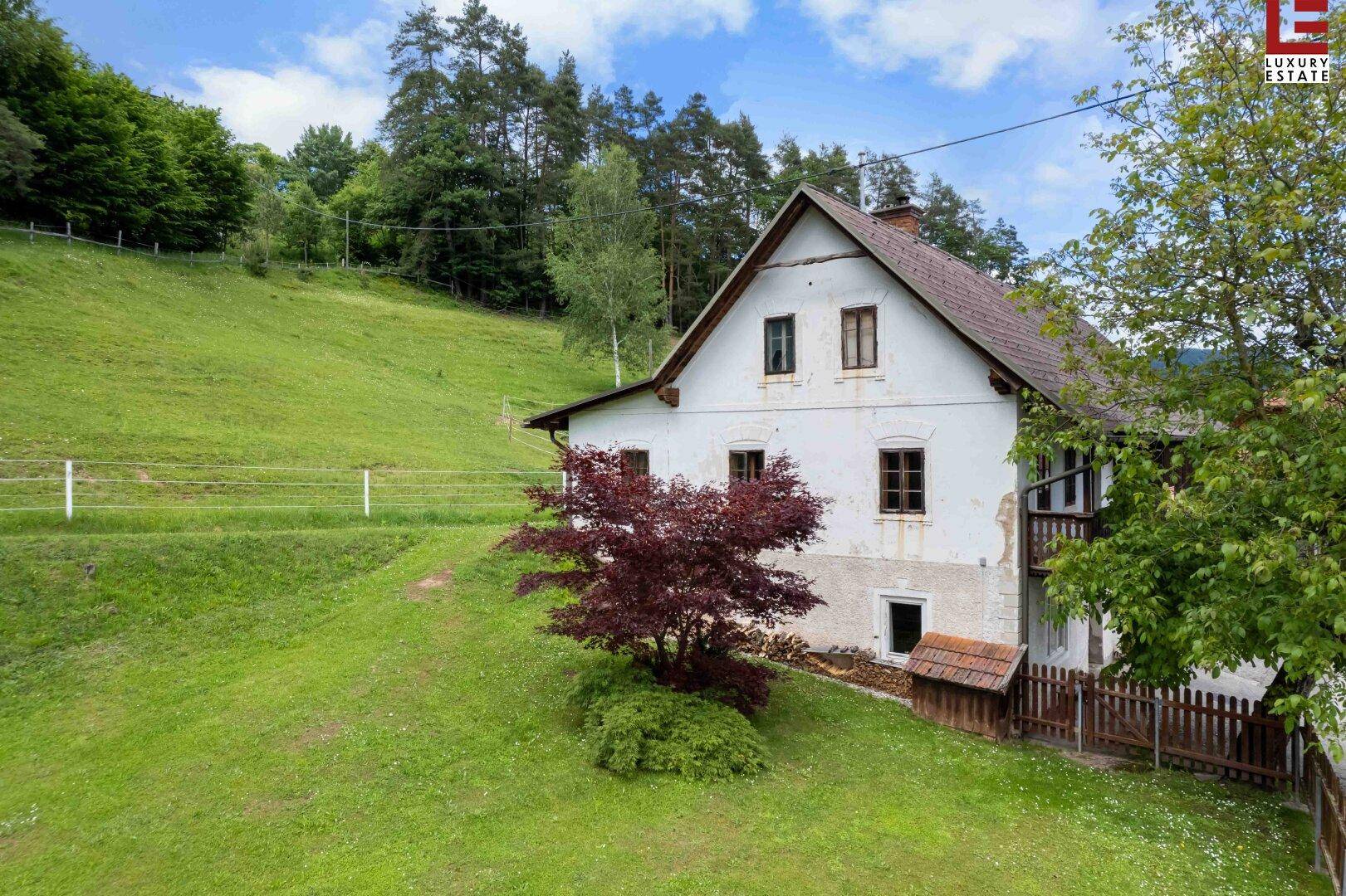 Ländliches Haus mit weißer Fassade und rotem Baum, umgeben von grünen Hügeln und Wäldern.