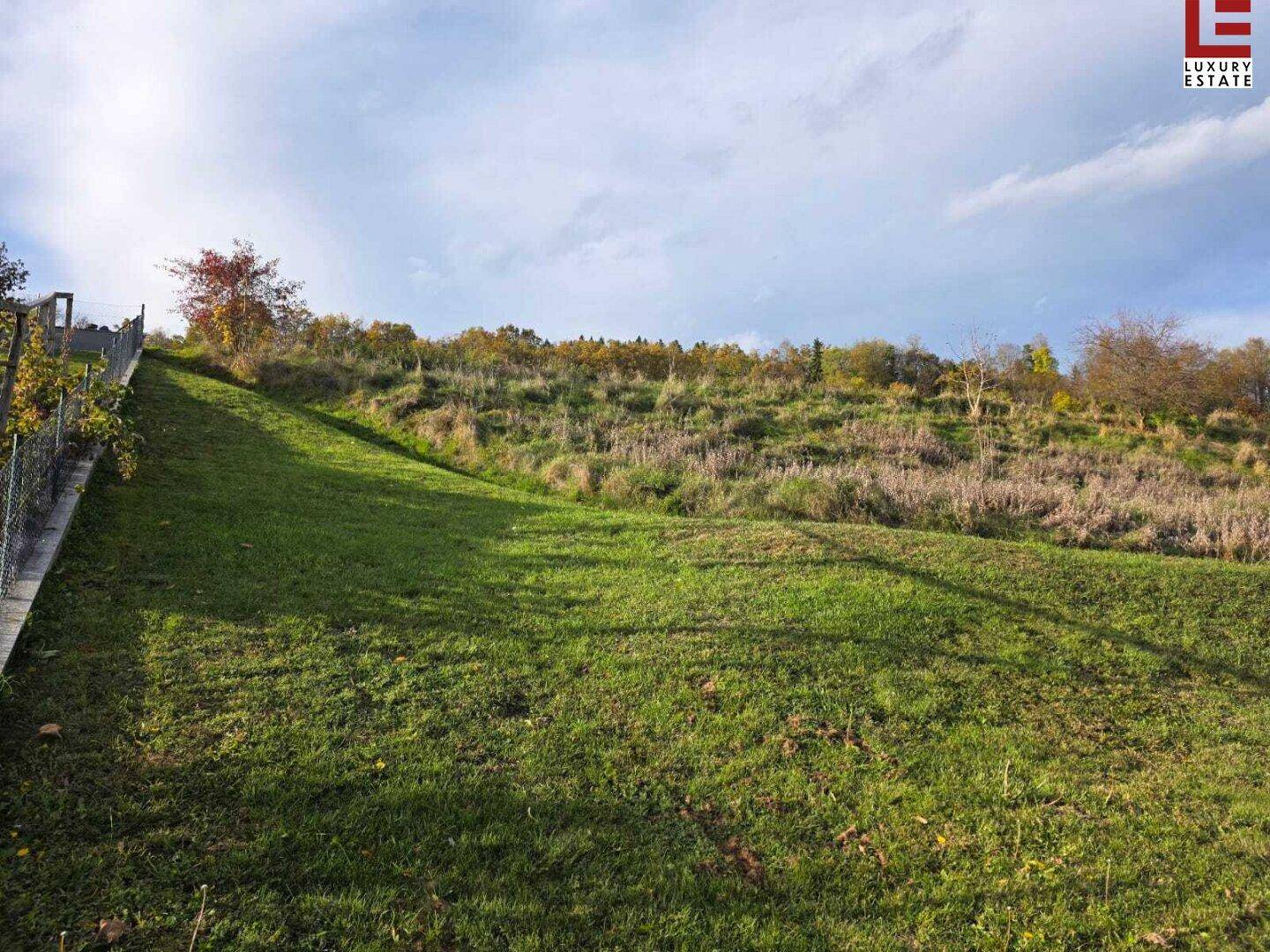 Steiler Grashang mit einem Zaun auf der linken Seite und bewachsenem Gelände im Hintergrund.