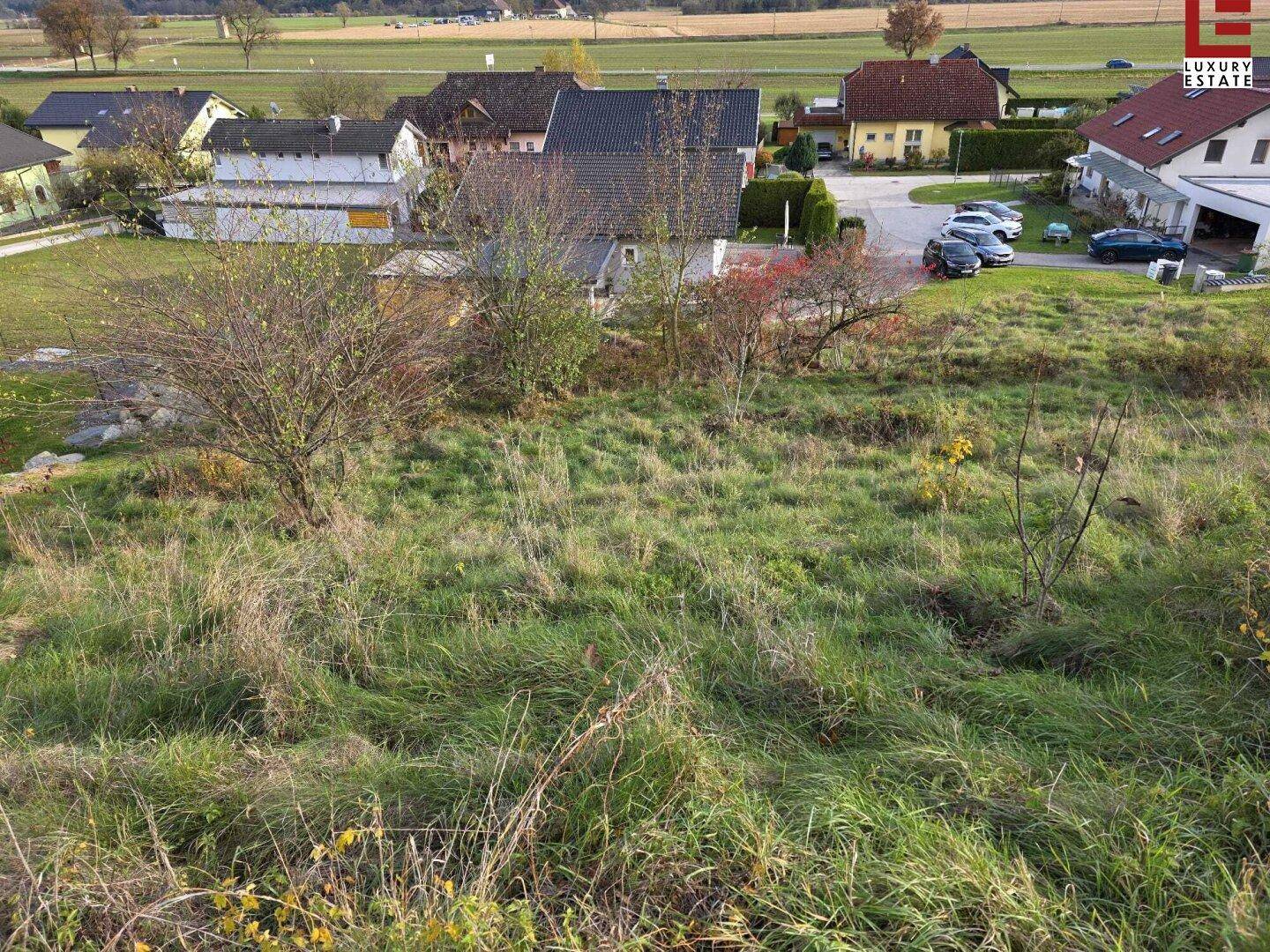 Blick über ein naturbelassenes Grundstück auf eine Wohnsiedlung in ländlicher Umgebung.
