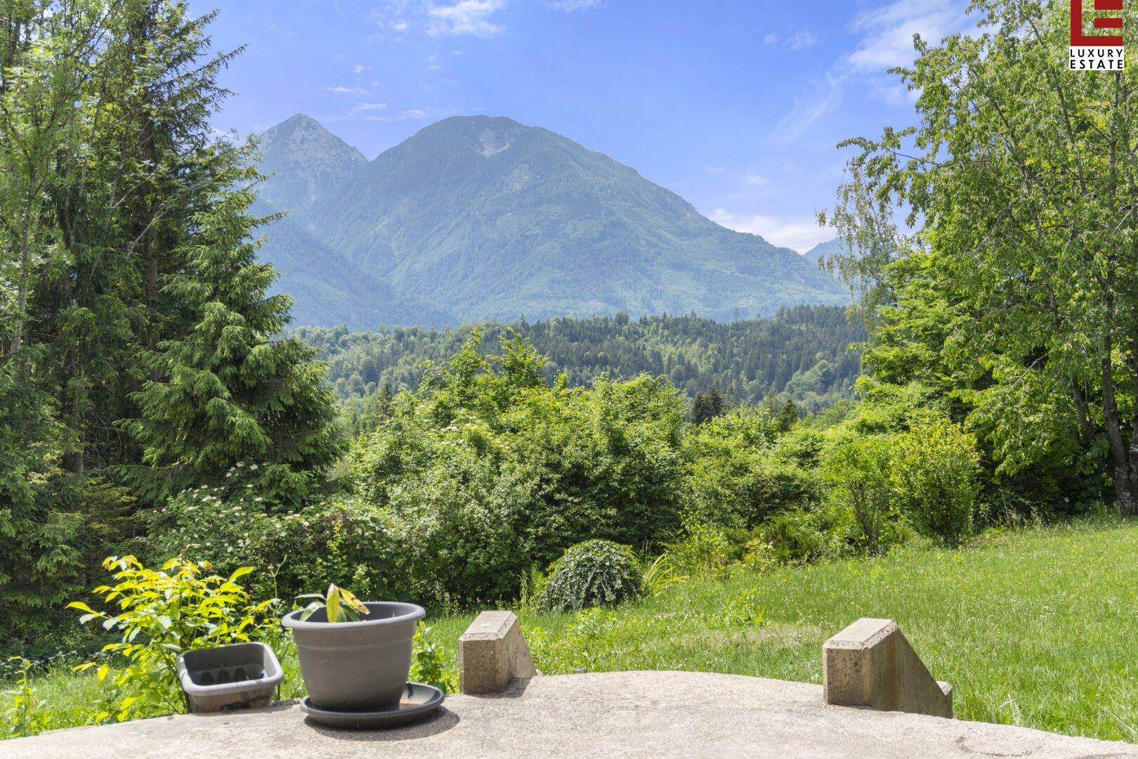 Kleiner Gartenbereich mit Bergblick, umgeben von üppiger grüner Vegetation.