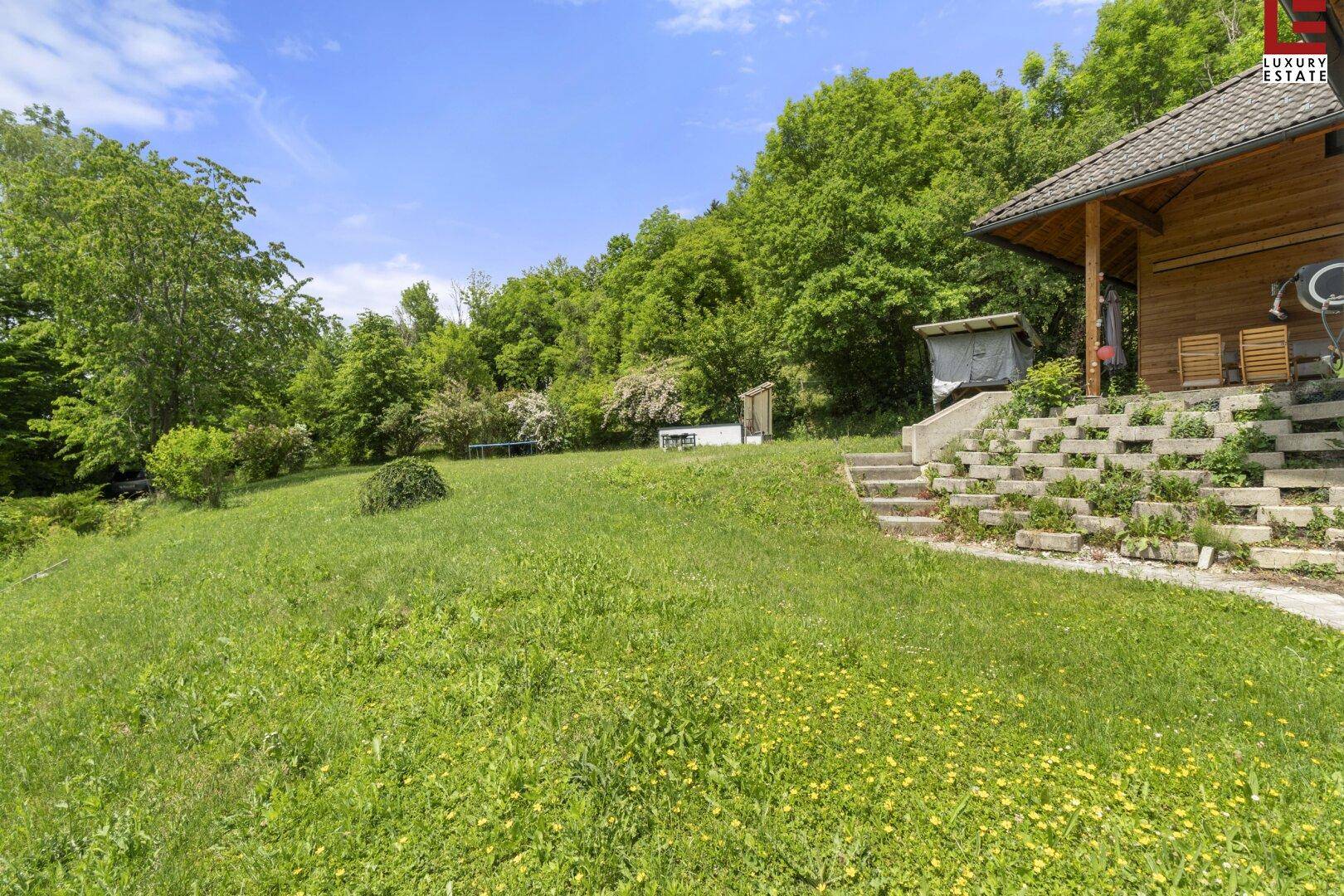 Weitläufiger Rasenbereich mit leichter Hanglage neben dem Haus und Wald im Hintergrund.