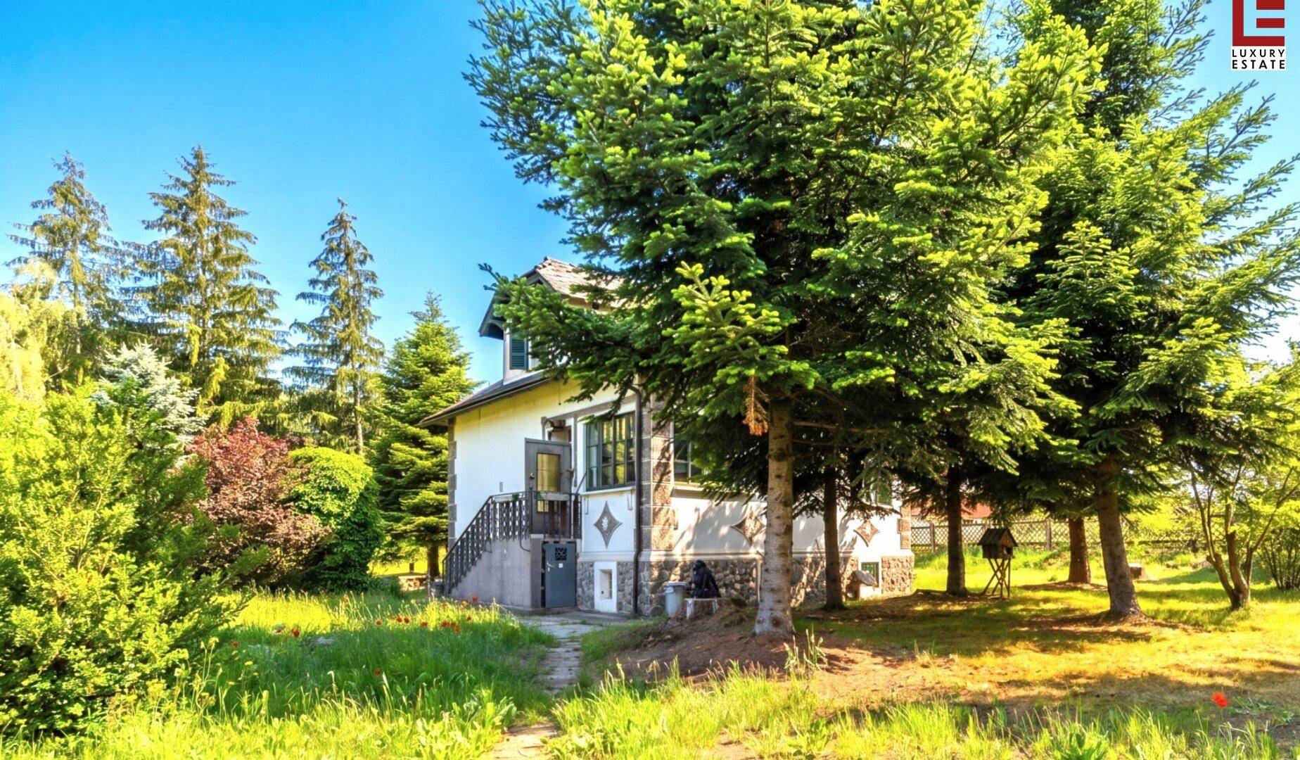 Haus umgeben von hohen Bäumen und einer weitläufigen Rasenfläche unter blauem Himmel.