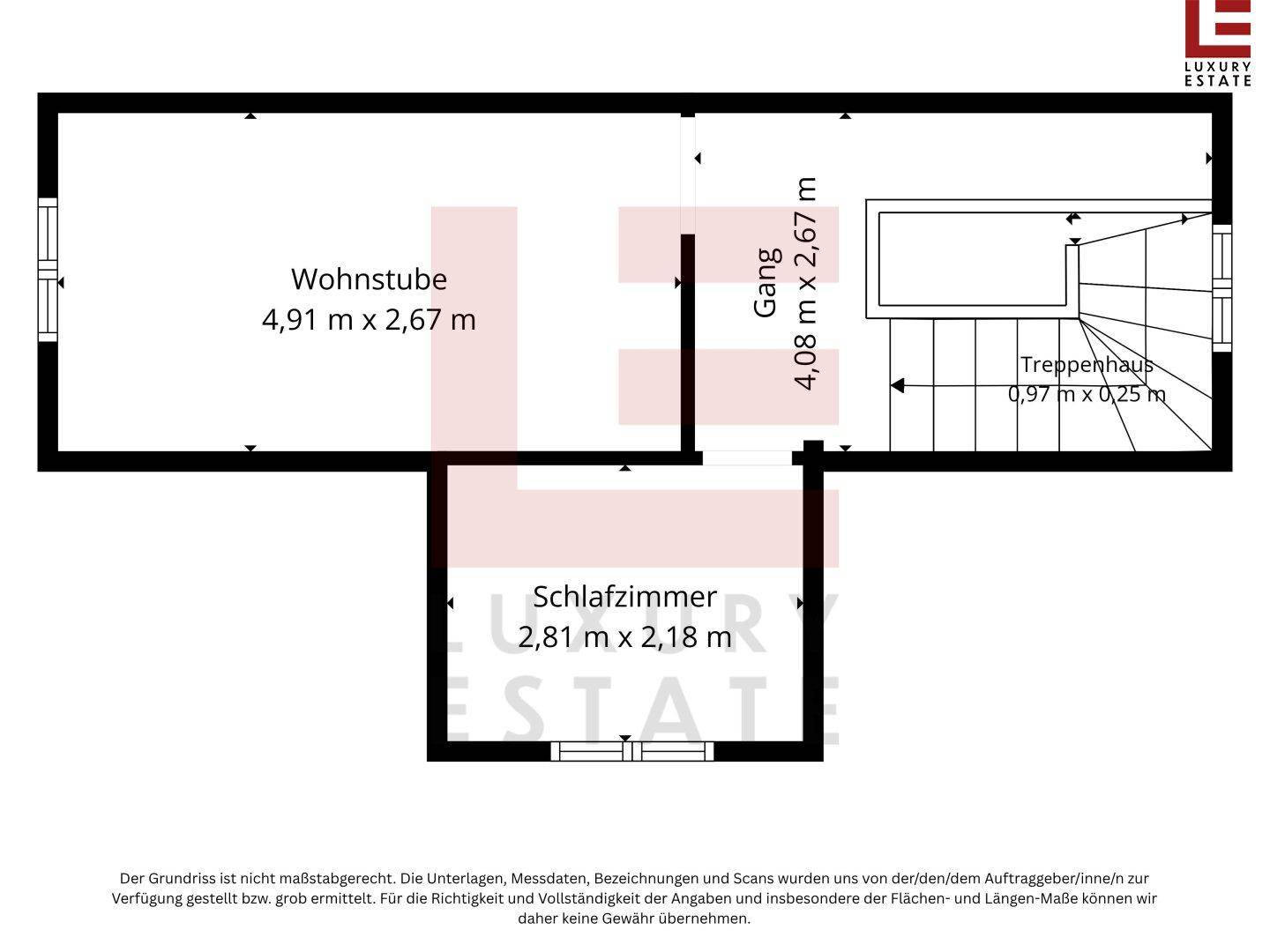 Grundriss des Dachgeschosses mit Wohnstube und Schlafzimmer unter dem Dach.