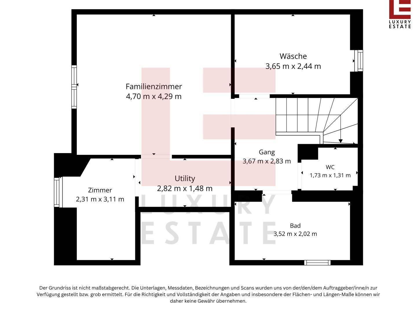 Grundriss des Untergeschosses mit Familienzimmer, Bad, WC und Hauswirtschaftsraum.