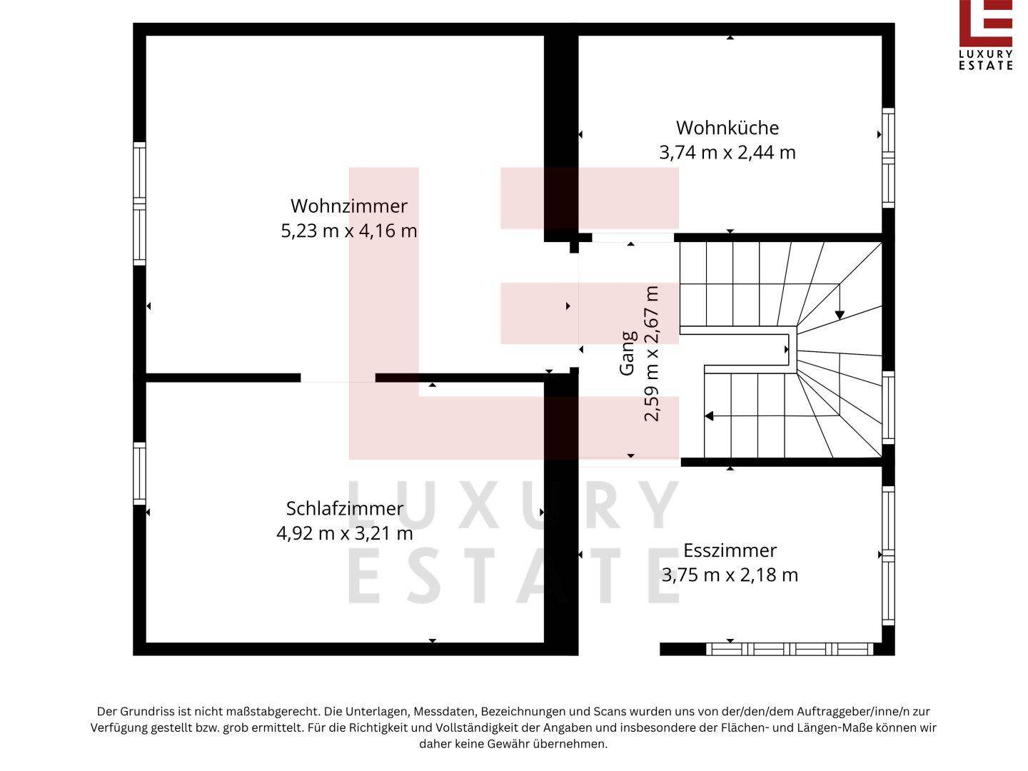 Grundriss des Erdgeschosses mit Wohnzimmer, Wohnküche, Schlafzimmer und Esszimmer.