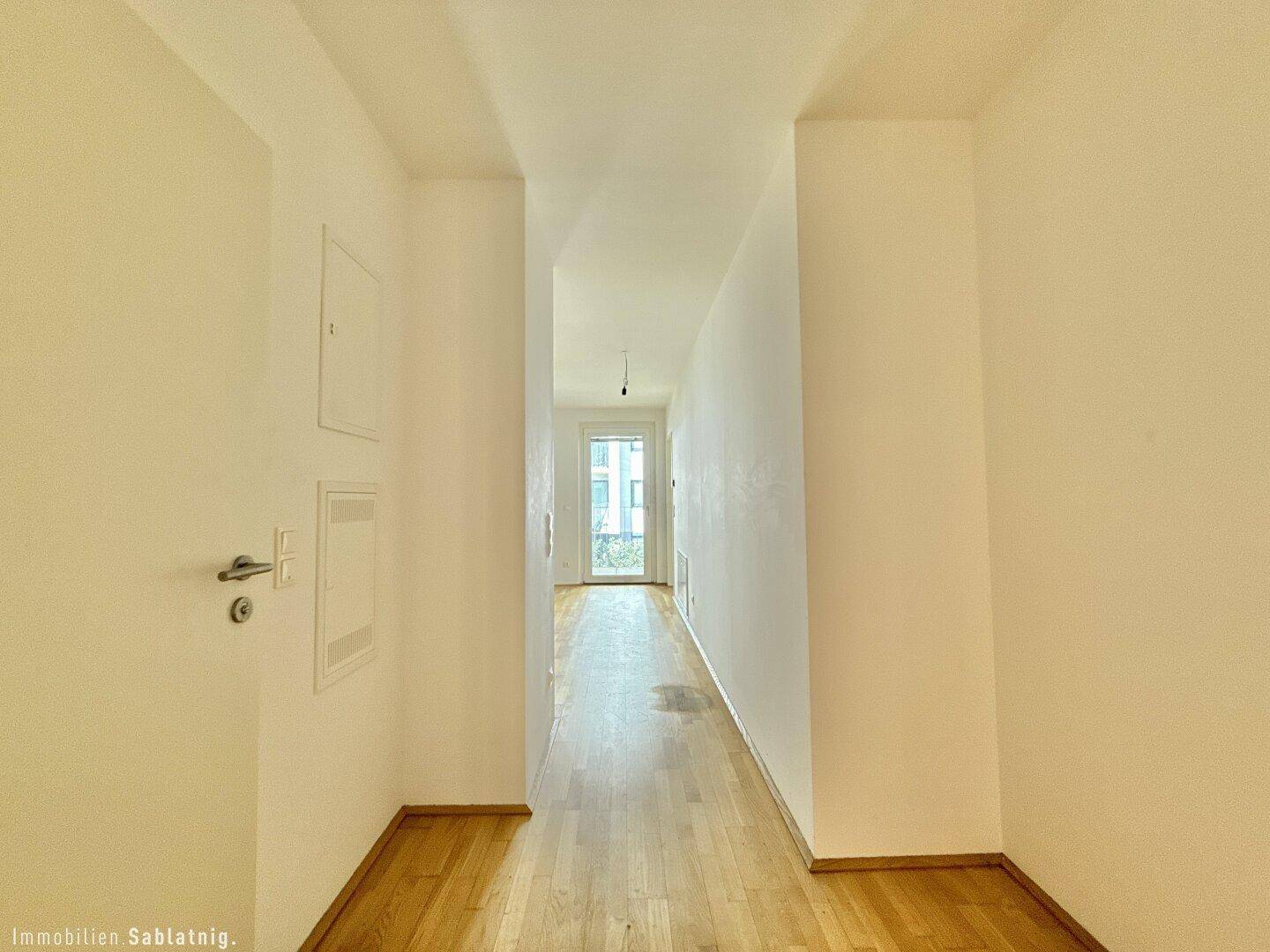 Heller Flur mit Parkettboden, der zu den weiteren Räumen und zum Balkon führt.