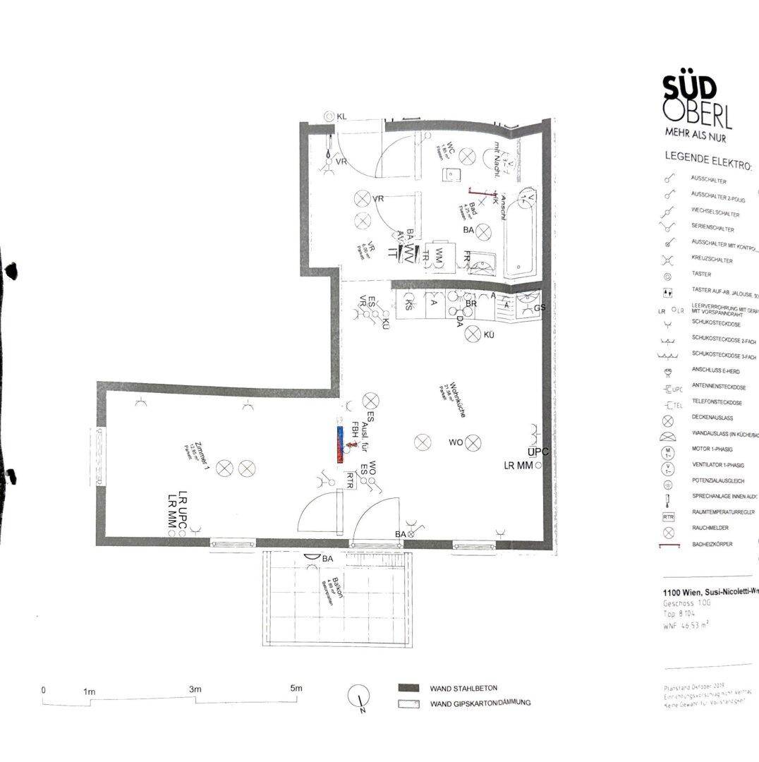 Grundriss einer Wohnung mit Balkon, Bad und offenem Wohnbereich.
