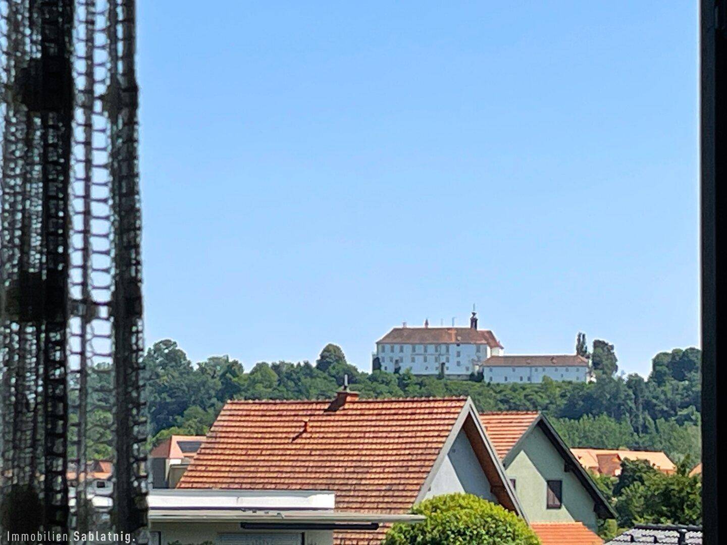Malerischer Ausblick auf eine historische Burg auf einem Hügel und umliegende Dächer.