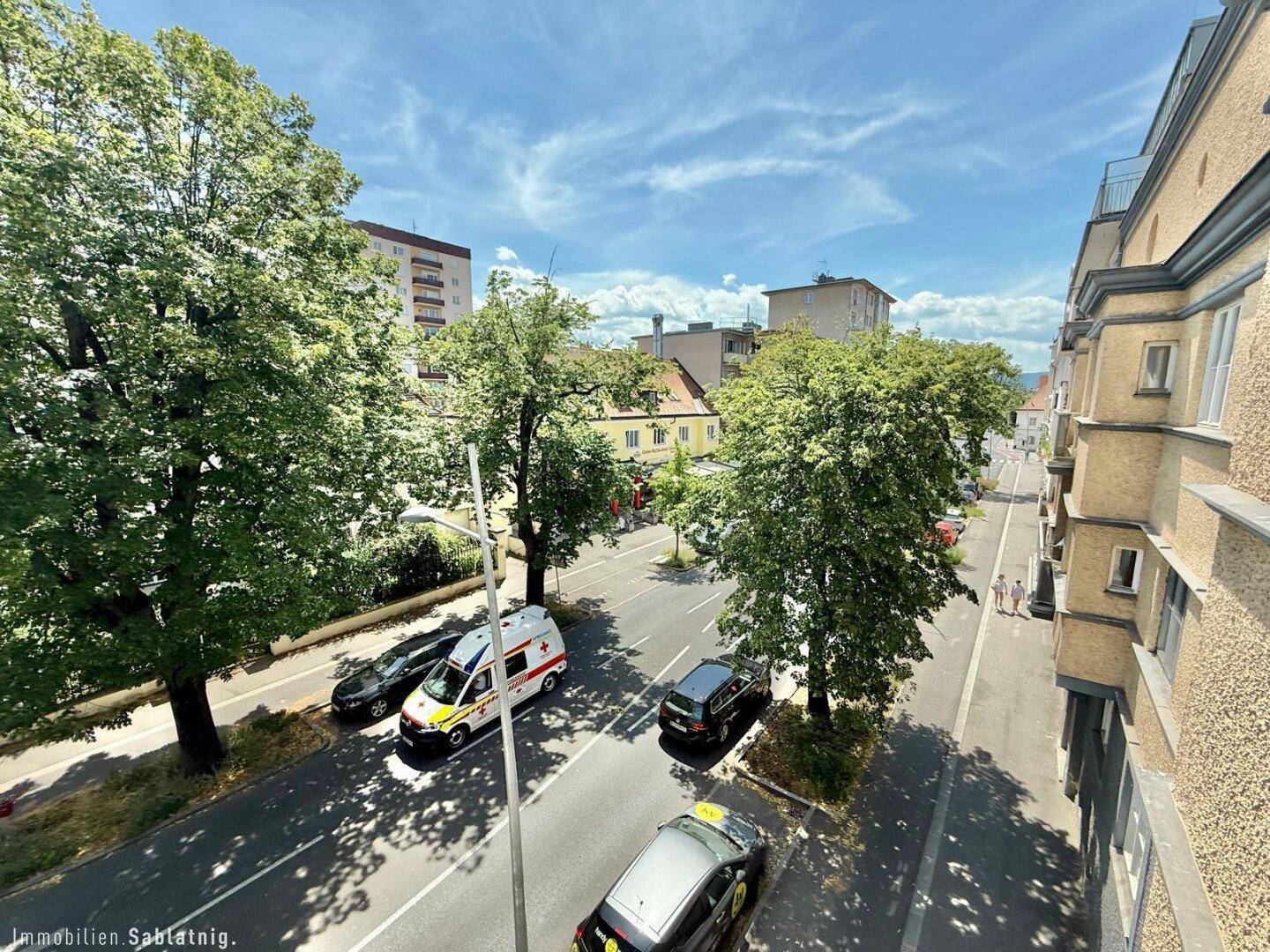 Blick von oben auf eine belebte Straße mit Bäumen und geparkten Fahrzeugen.