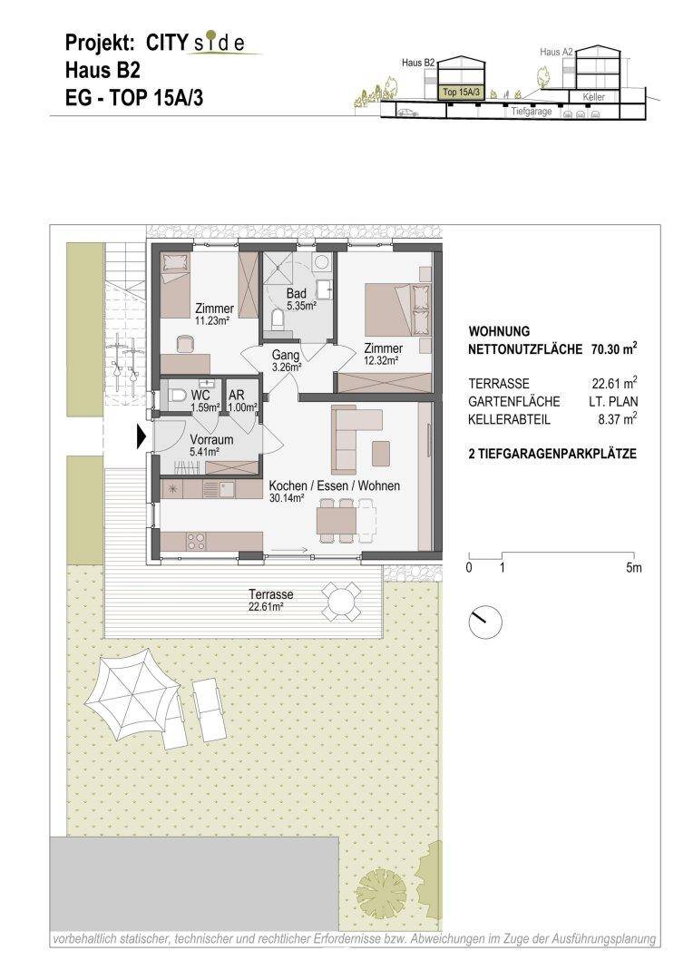 Detaillierter Grundriss einer Erdgeschosswohnung mit offener Wohnküche, Terrasse und eigenem Gartenanteil.