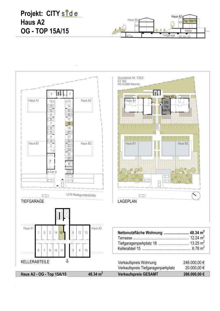 Gesamtübersicht des Projekts mit Lageplan, Tiefgarage und Kellerabteilen für mehrere Wohneinheiten.