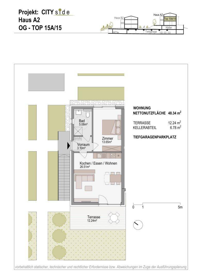 Grundriss einer Wohnung mit offenem Wohn-, Ess- und Kochbereich, einem Schlafzimmer und einer Terrasse.