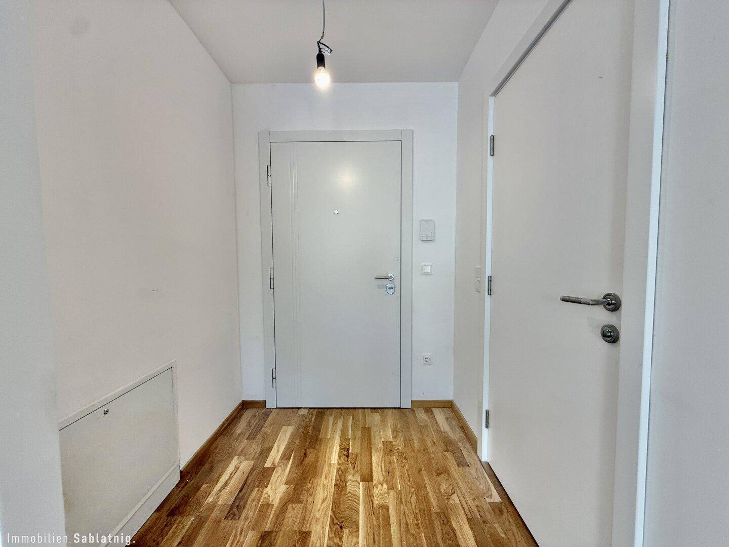 Heller Eingangsbereich mit Holzboden und weißen Türen, der zu den weiteren Räumen führt.