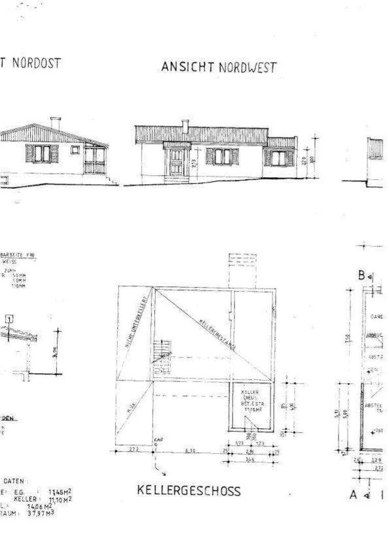 Architektonische Zeichnungen mit Ansichten und einem detaillierten Grundriss des Kellergeschosses.