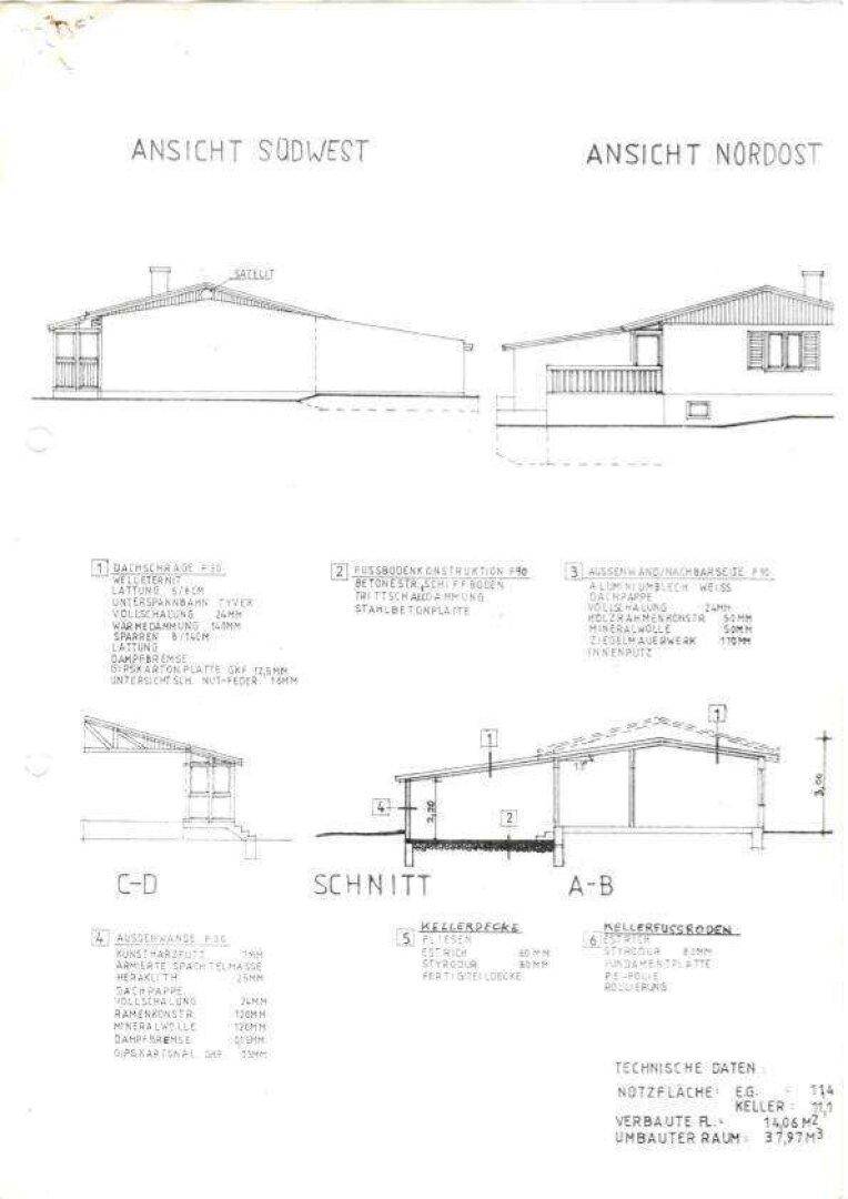 Architektonische Zeichnungen mit verschiedenen Ansichten und Schnitten des Gebäudes.