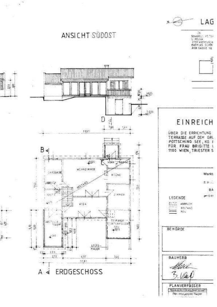 Architektonische Zeichnungen mit Ansichten und einem Grundriss des Erdgeschosses mit Raumaufteilung.