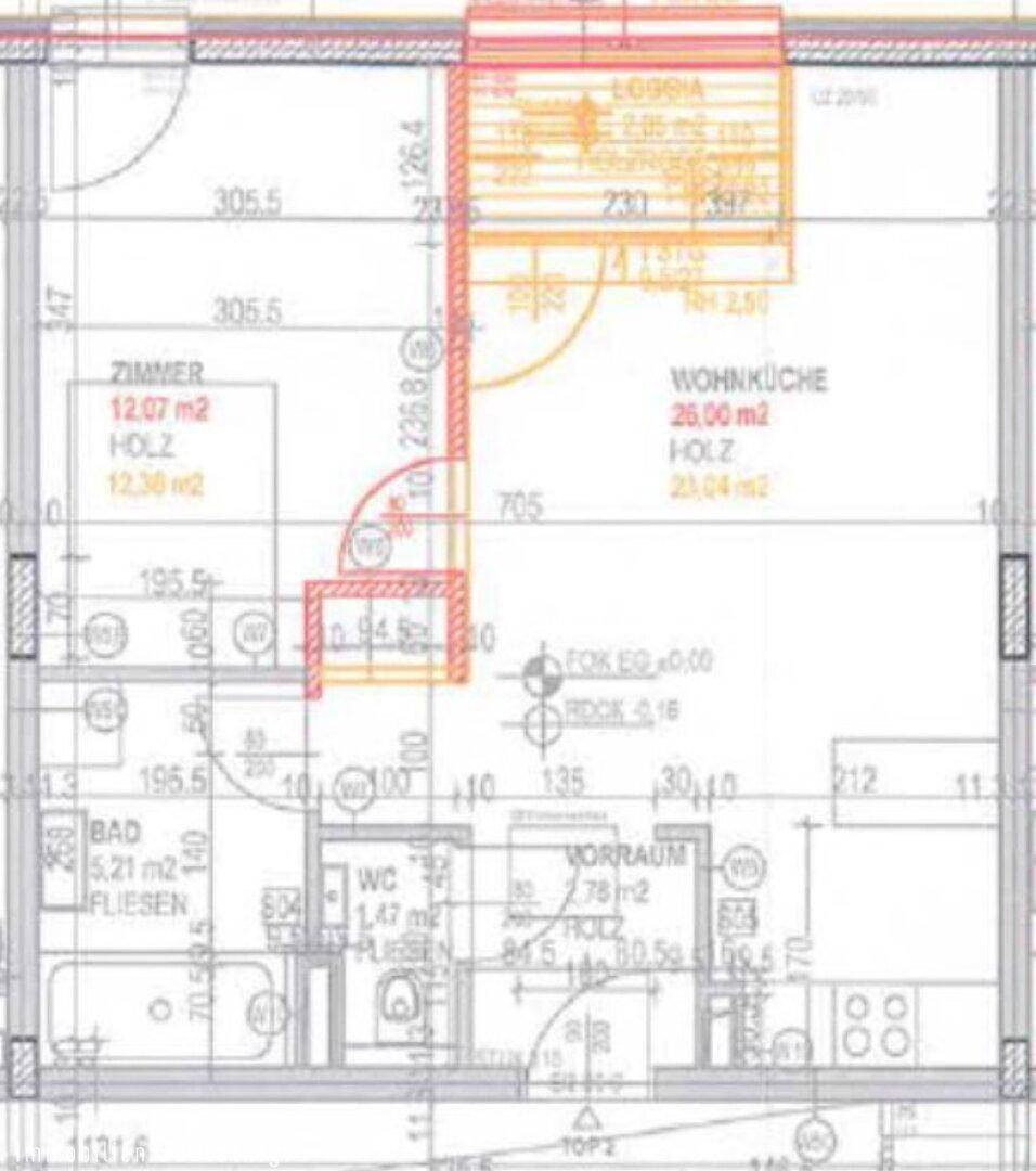 Grundriss einer Wohnung mit offener Wohnküche, Zimmer, Bad und Loggia.