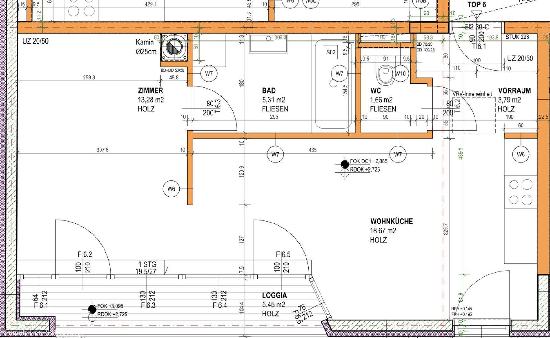 Grundriss einer Wohnung mit Wohnküche, Loggia, Bad und separatem WC, effiziente Raumaufteilung.