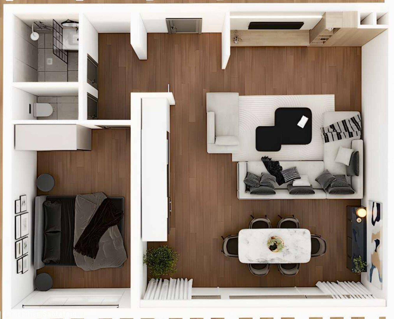 Möblierter Grundrissplan einer modernen Wohnung mit offenem Wohnbereich und Holzboden.