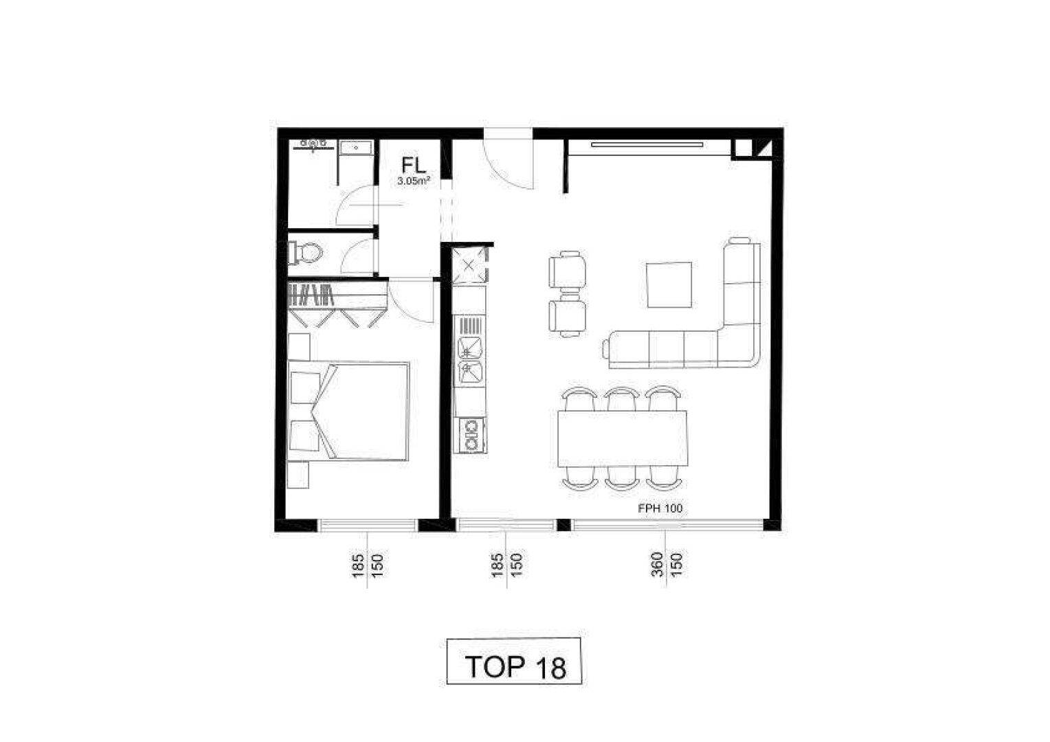 Grundrissplan einer Wohnung mit Schlafzimmer, Bad und offenem Wohn-Essbereich.