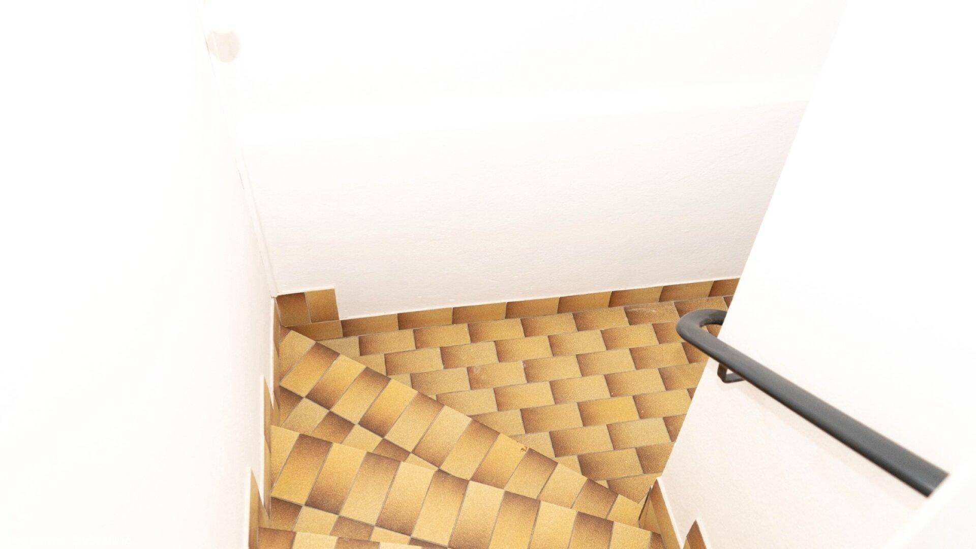 Treppe mit gemusterten Fliesen, die in den Kellerbereich des Hauses führt.