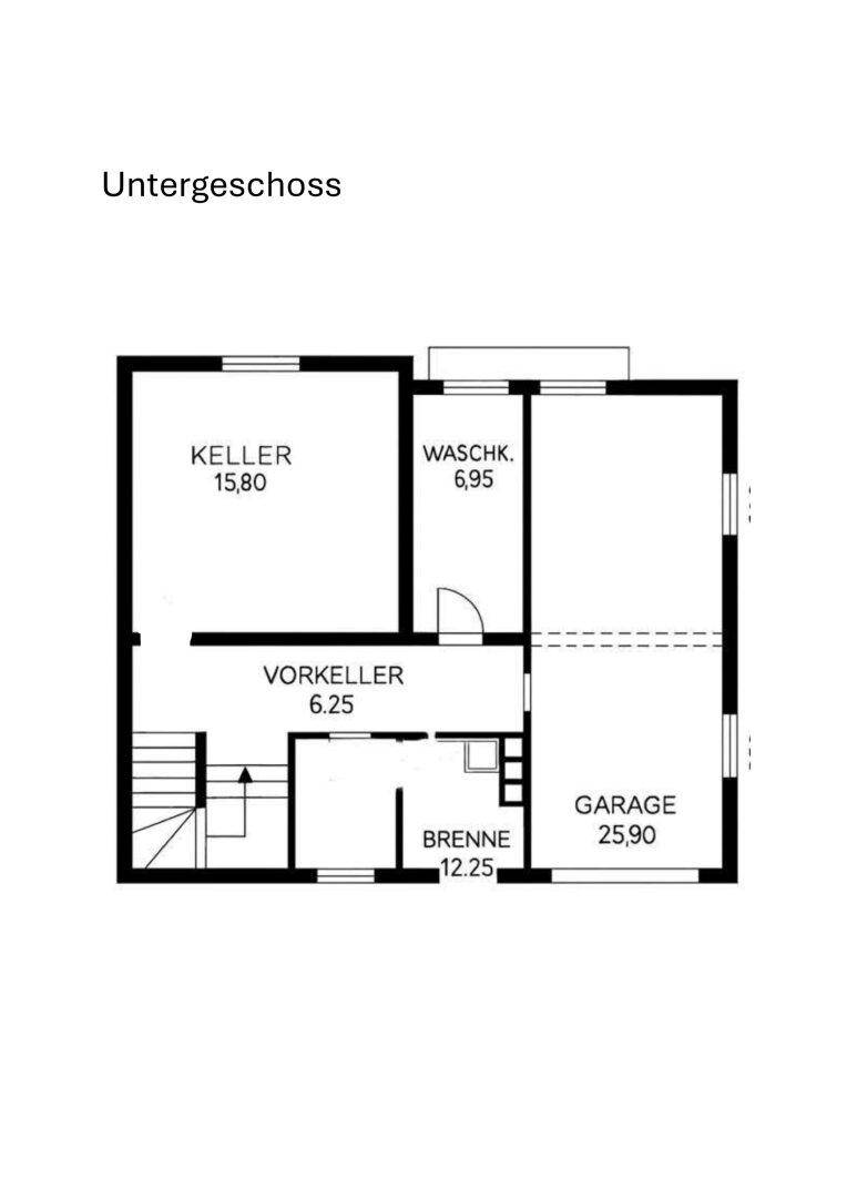 Grundriss des Untergeschosses mit Keller, Waschküche und Garage.